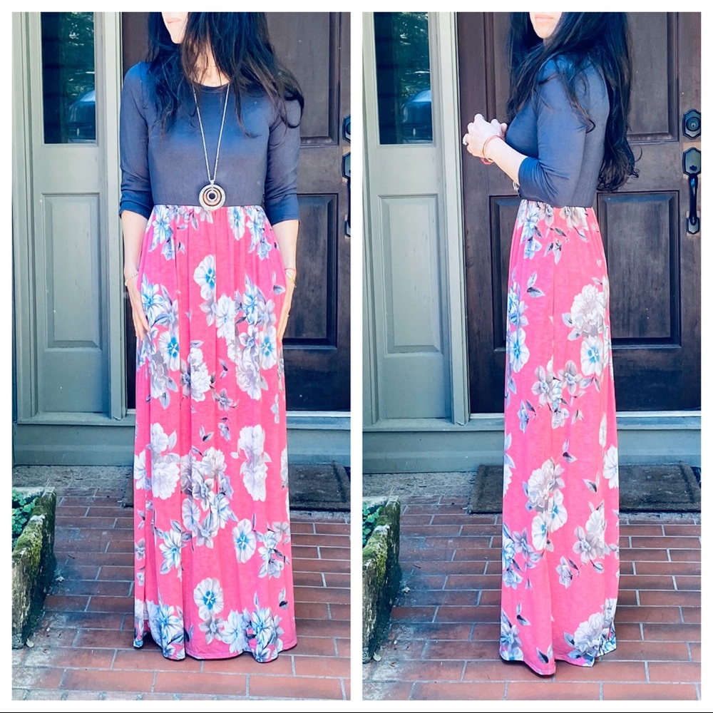 ✨LAST ONE✨CHARCOAL FLORAL SIDE POCKETS MAXI DRESS - Picture 3 of 13